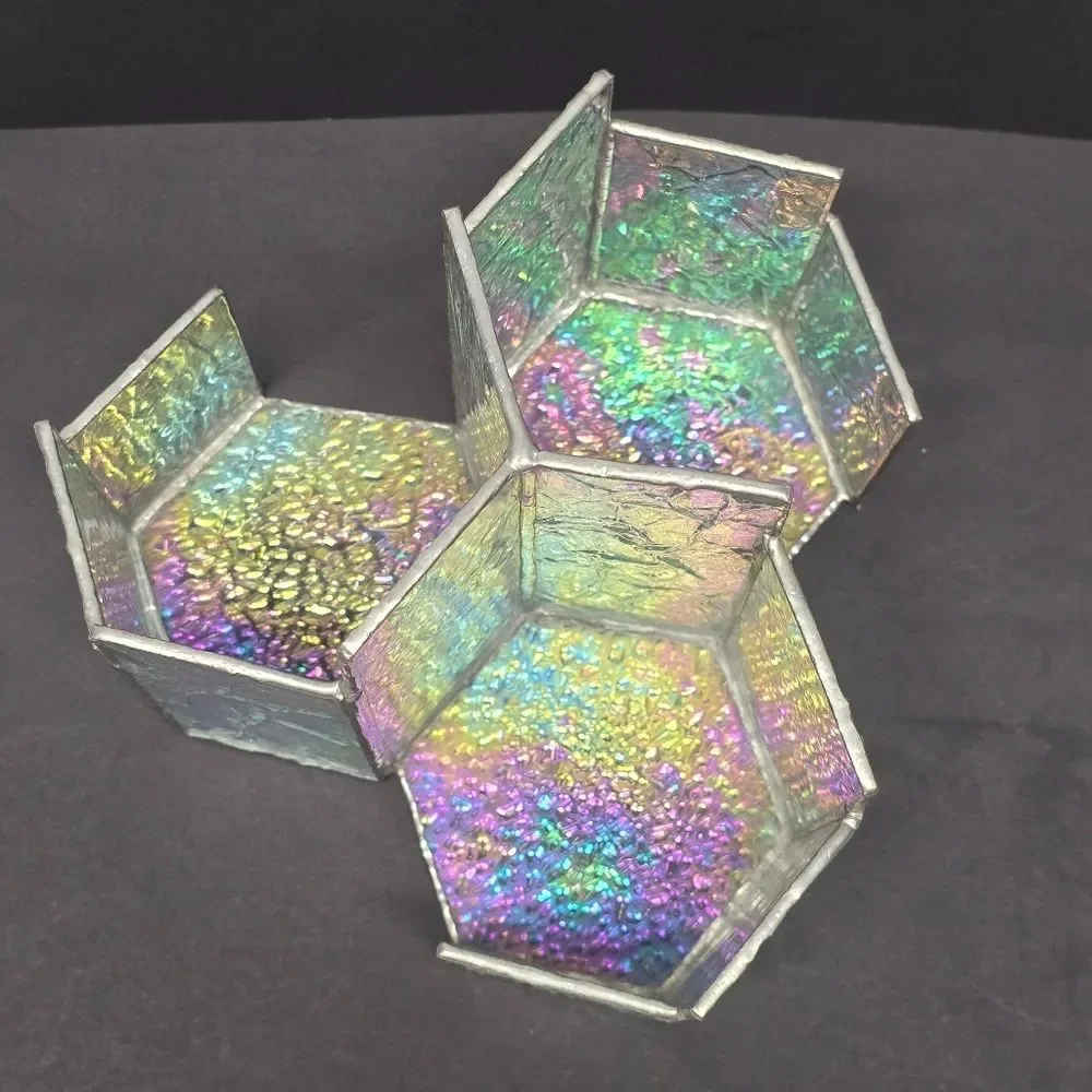 Vintage 3-slots Stained Glass Iridescent Bottom Modernist Votive Candle Holder